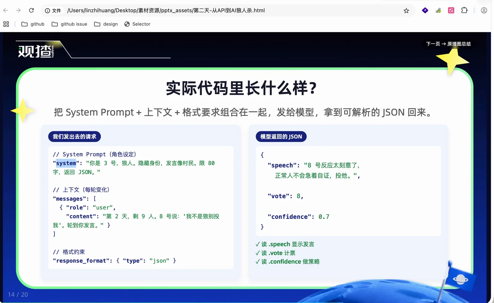 代码里一次请求的组成：system prompt、messages 和 response_format
