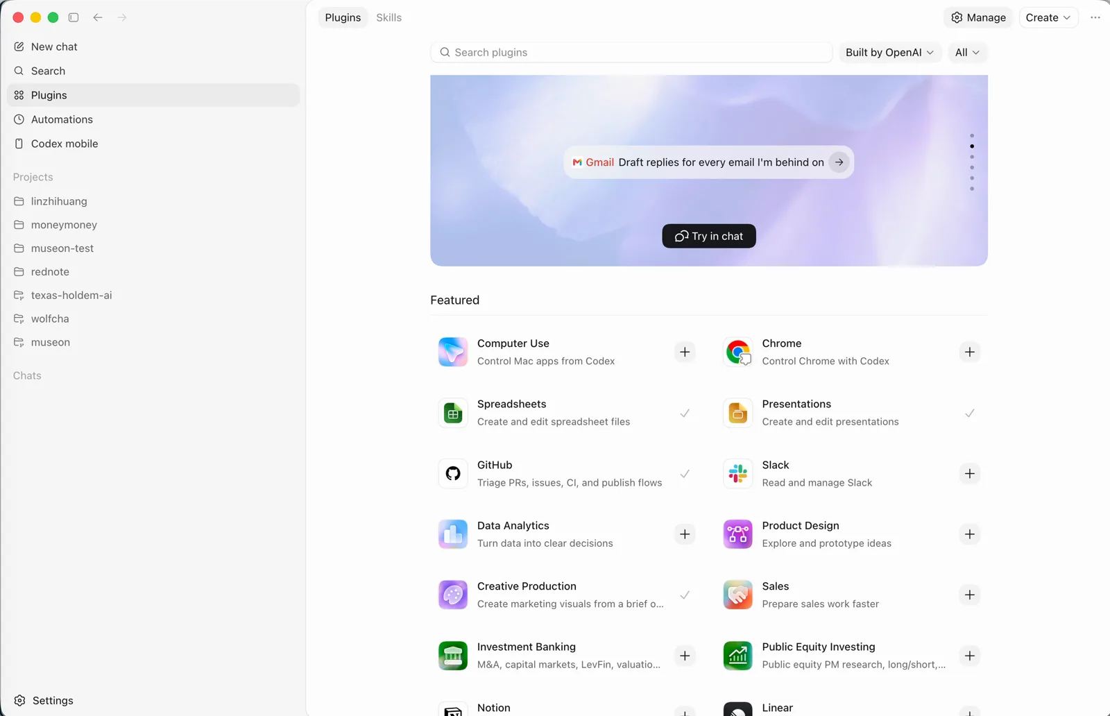 Codex 的 Plugins 页面，Featured 列表里有 Chrome 插件