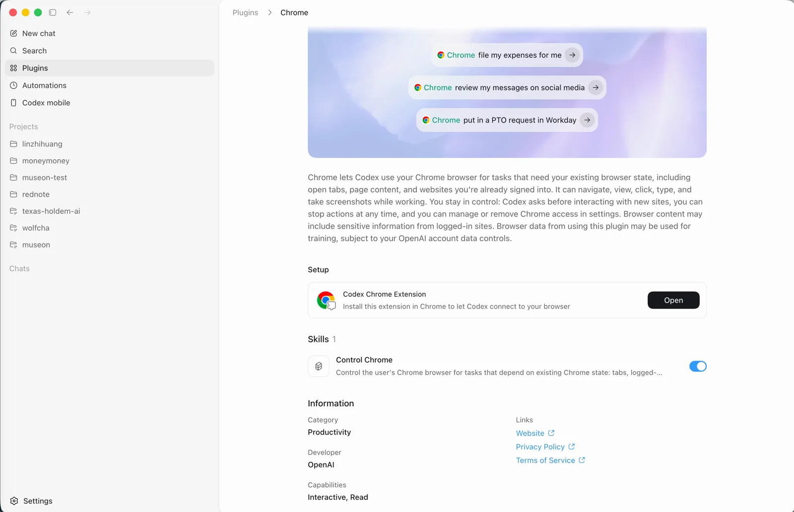 安装完成后的插件页面，包含 Codex Chrome Extension 的设置项和 Control Chrome 的 Skill