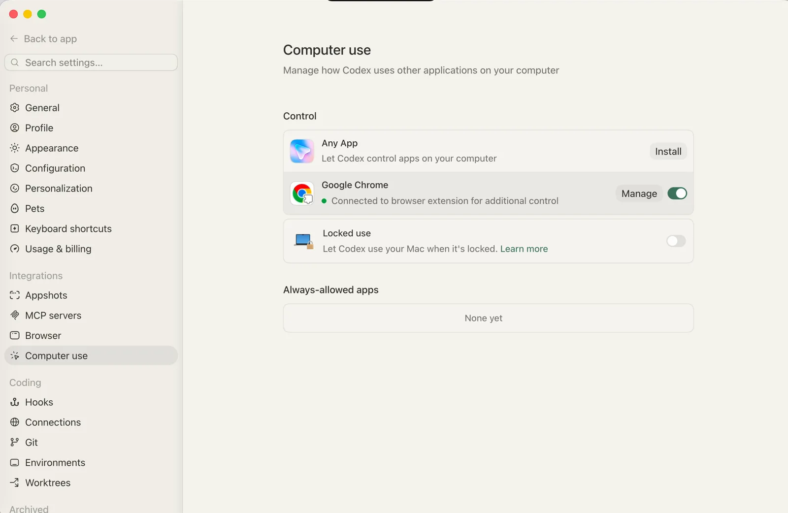 Codex 设置里的 Computer Use 页面,Google Chrome 已连接