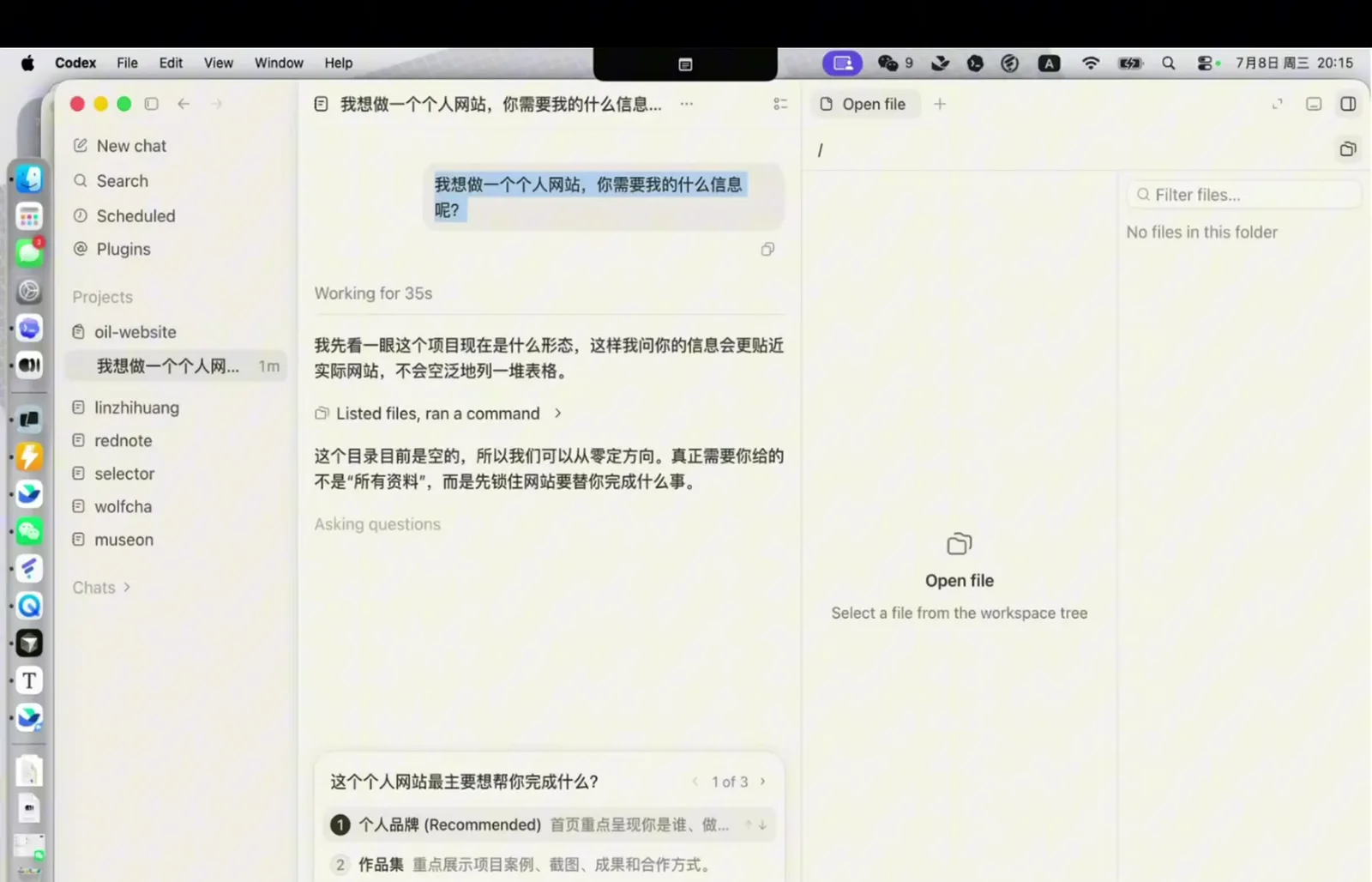 Codex 用表单形式反问收集建站信息