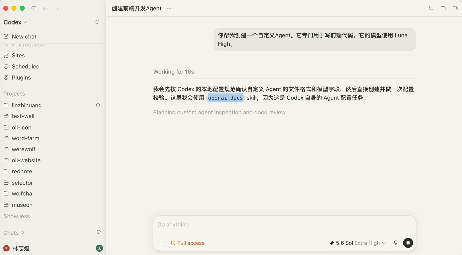Codex 触发 openai-docs Skill 查询自定义 Agent 的配置规范