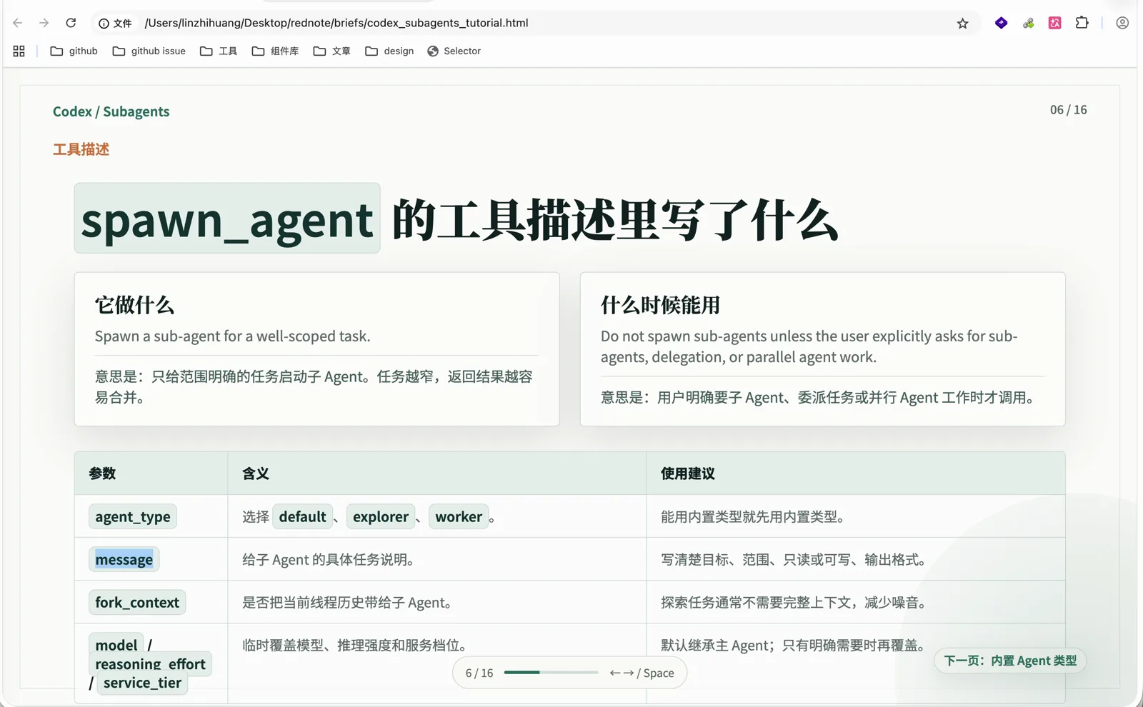 spawn_agent 工具的参数说明