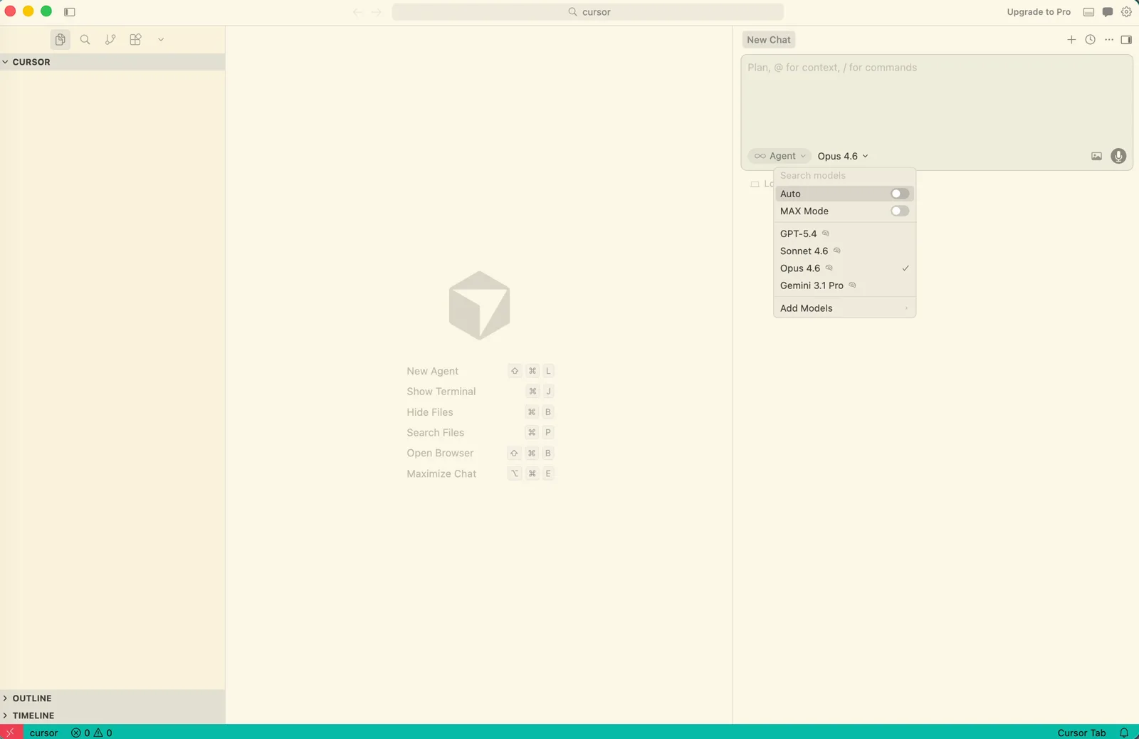 Cursor 的模型选择列表,包含 GPT-5.4、Sonnet 4.6、Opus 4.6 和 Gemini 3.1 Pro