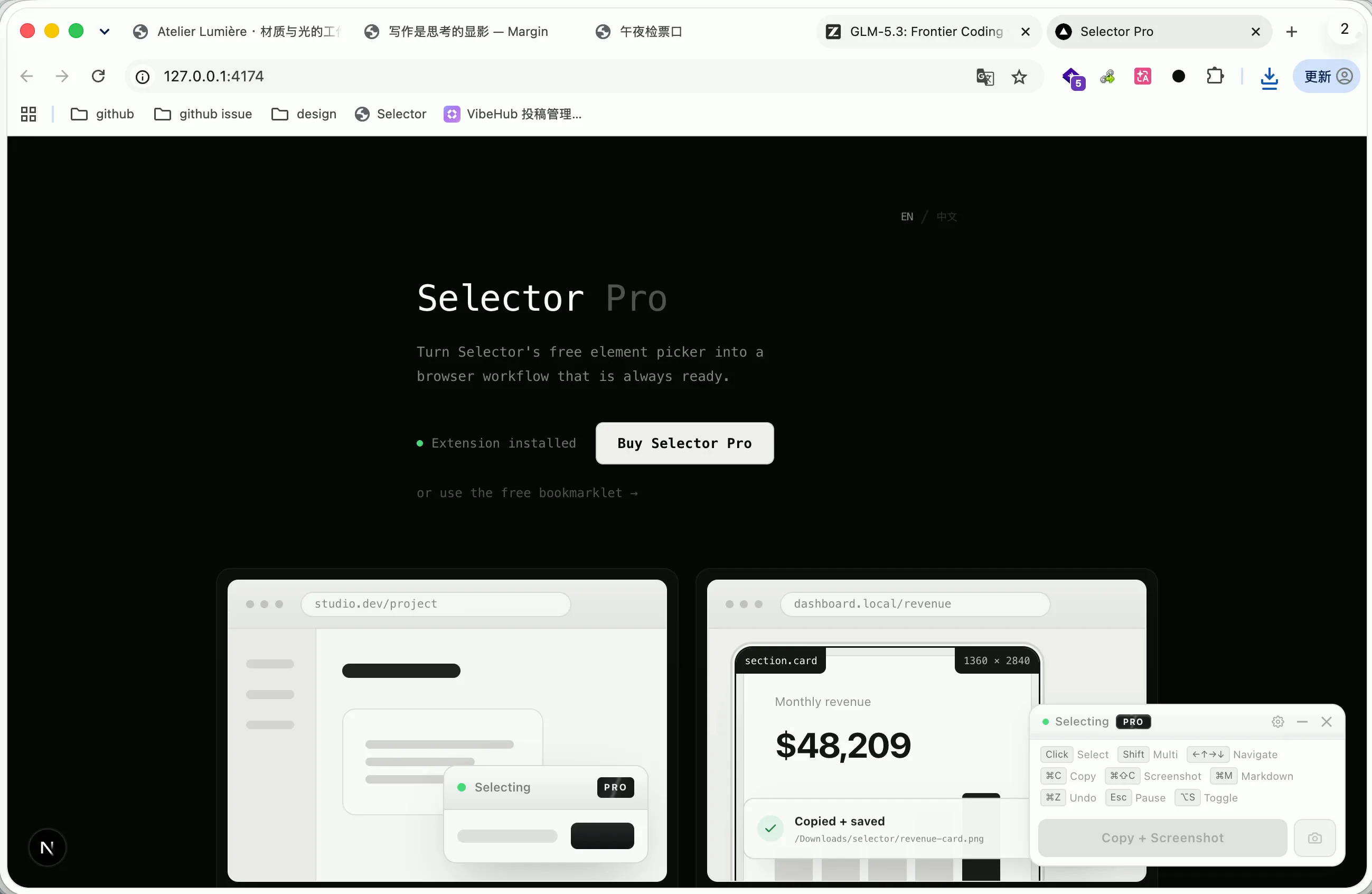 Selector Pro 浏览器扩展界面