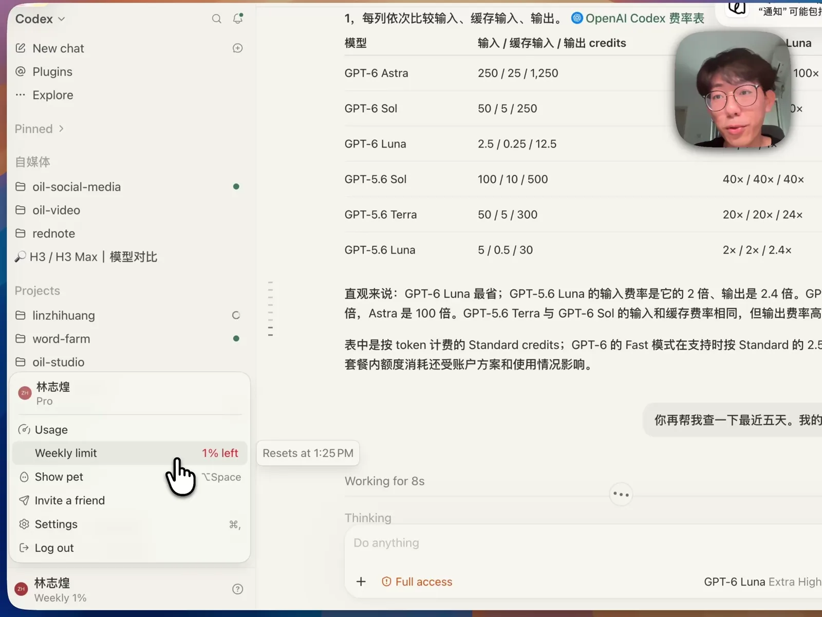 OpenAI Codex 各档模型费率对比表与左下角周额度剩余状态