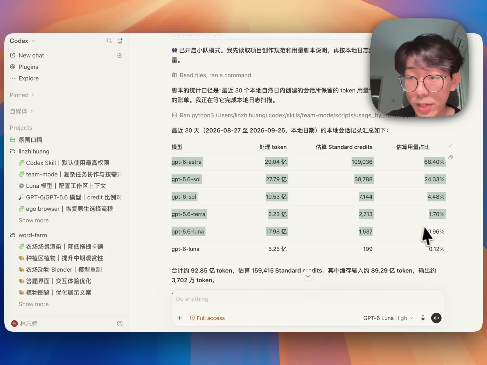 在 Codex 中触发小队模式,以及近 30 天各模型的 Token 与额度消耗占比统计