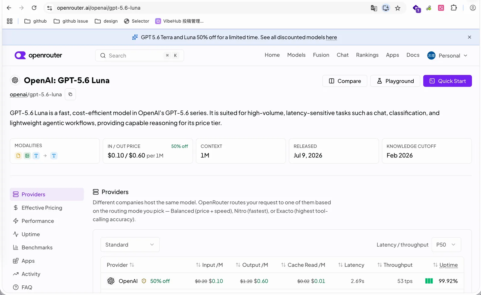 OpenRouter 上 GPT-5.6 Luna 的价格页面，输出每百万 token 0.6 美元