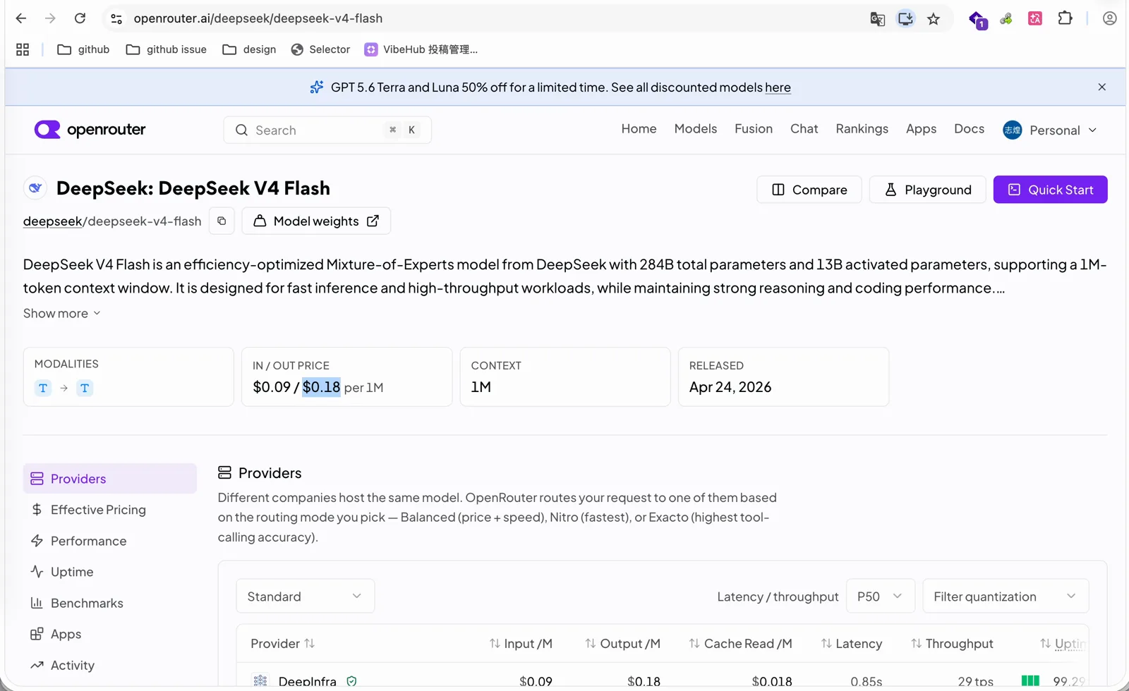 OpenRouter 上 DeepSeek V4 Flash 的价格页面，输出每百万 token 0.18 美元