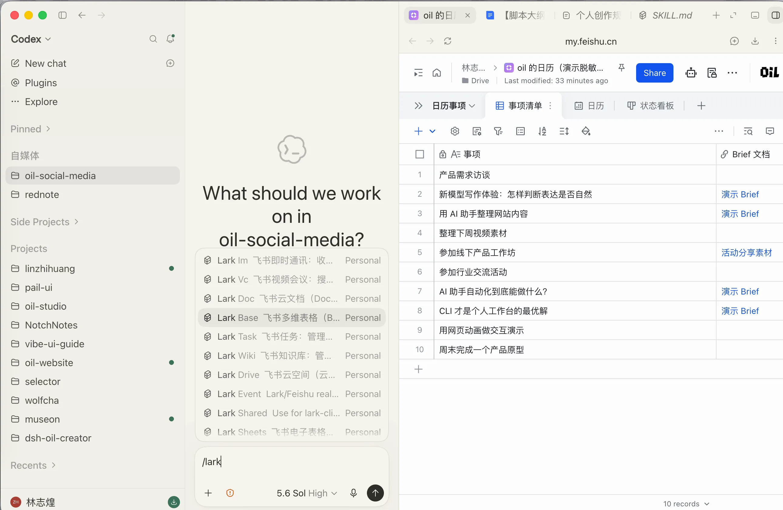 输入 /lark 后显示的飞书 CLI Skill 列表