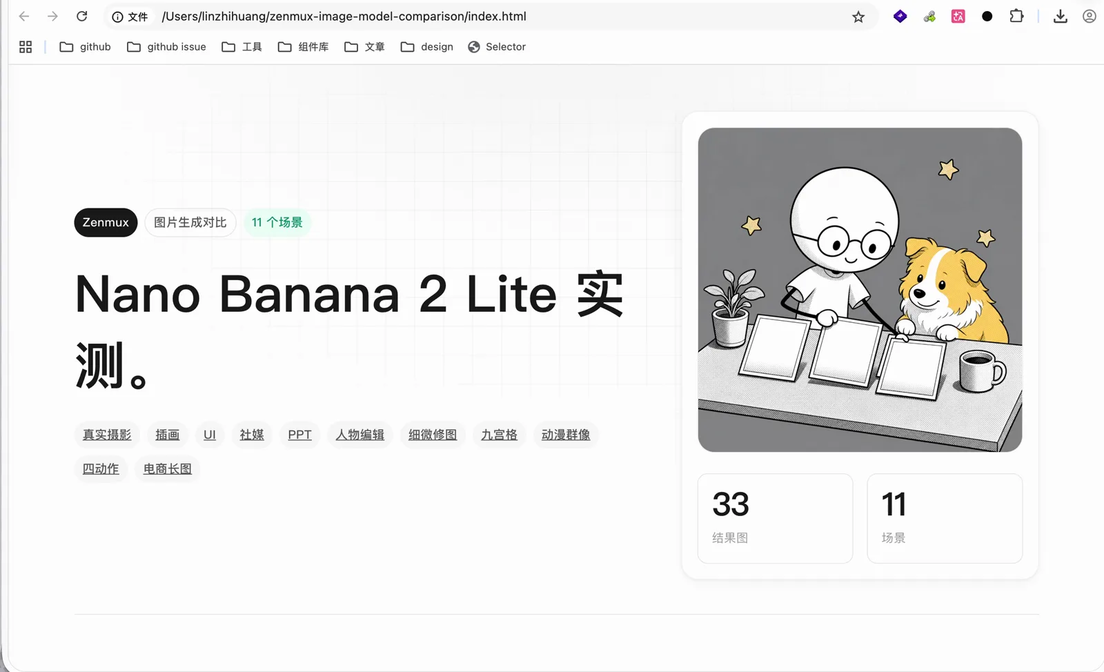 Nano Banana 2 Lite 实测对比页面，共 11 个场景