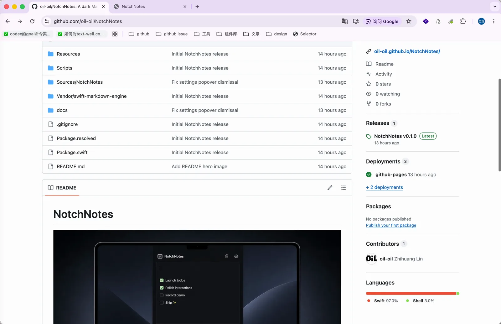 NotchNotes 的 GitHub 仓库,右侧是 Releases 下载入口