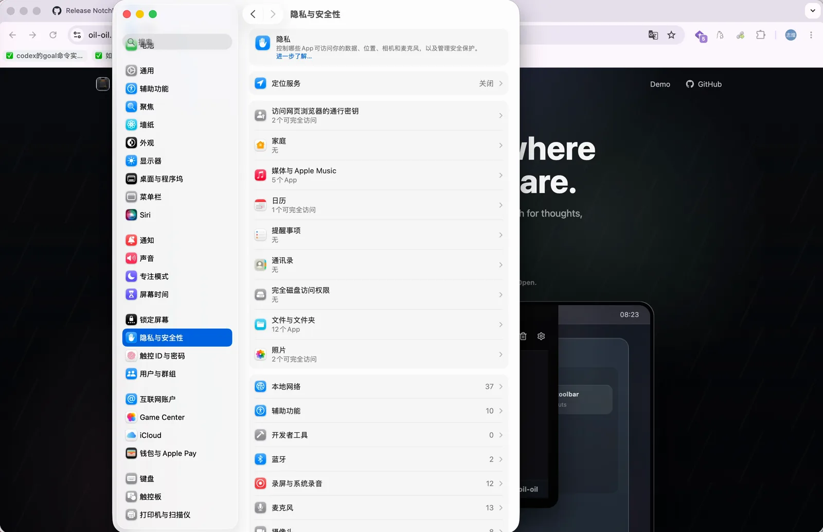 系统设置的隐私与安全性页面