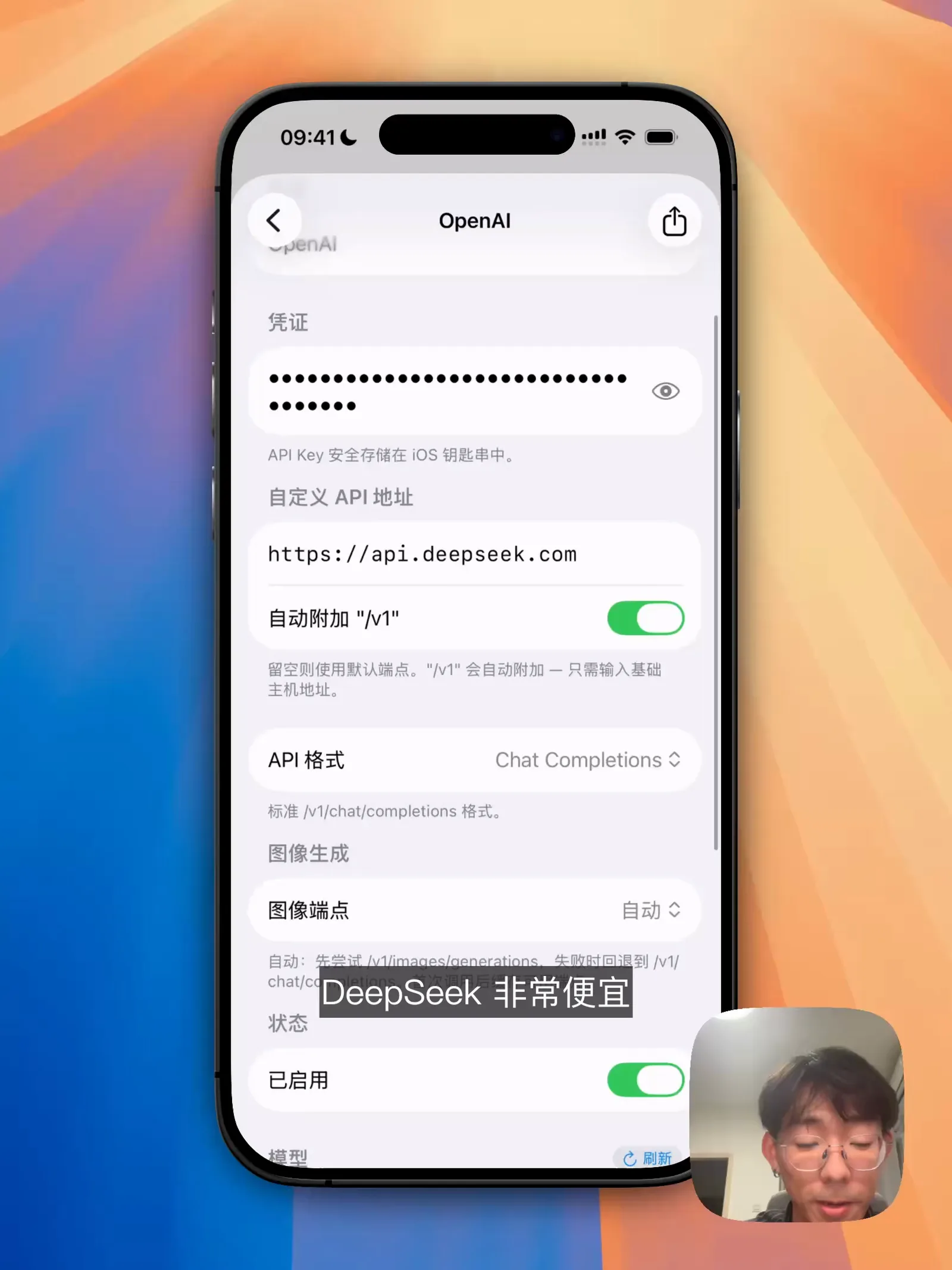 提供商配置页面,API Key 存储在 iOS 钥匙串里