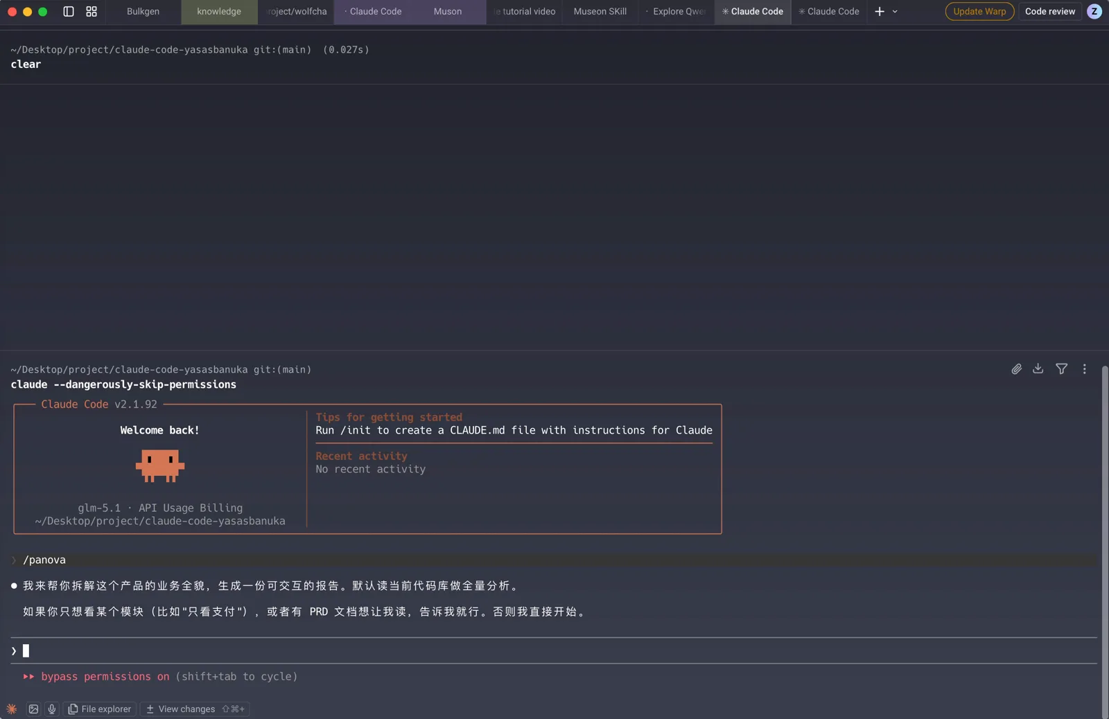 在 Claude Code 里通过斜杠调用 panova，它会先确认分析方式