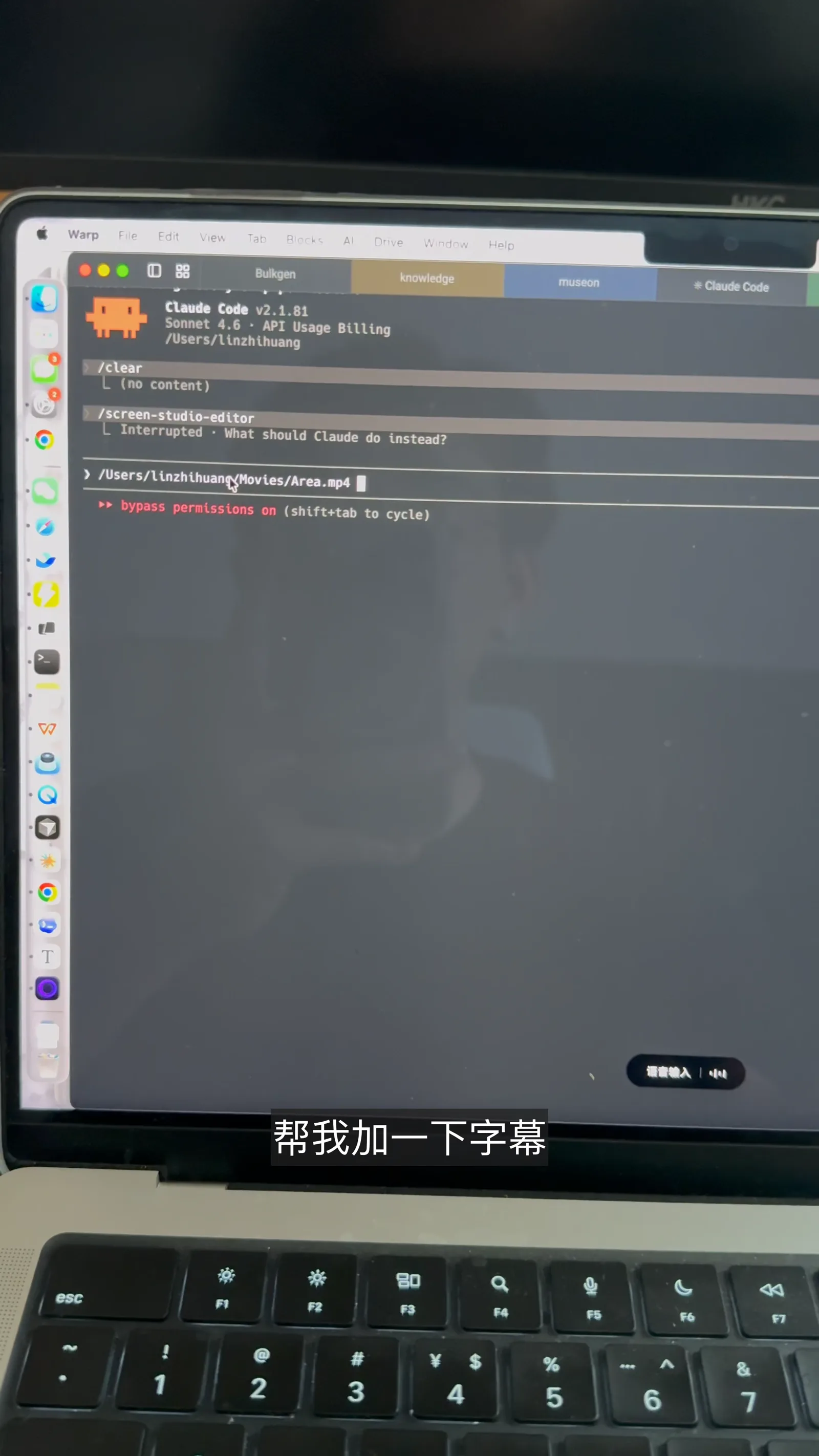 把视频路径粘贴给 Claude Code,让它加字幕