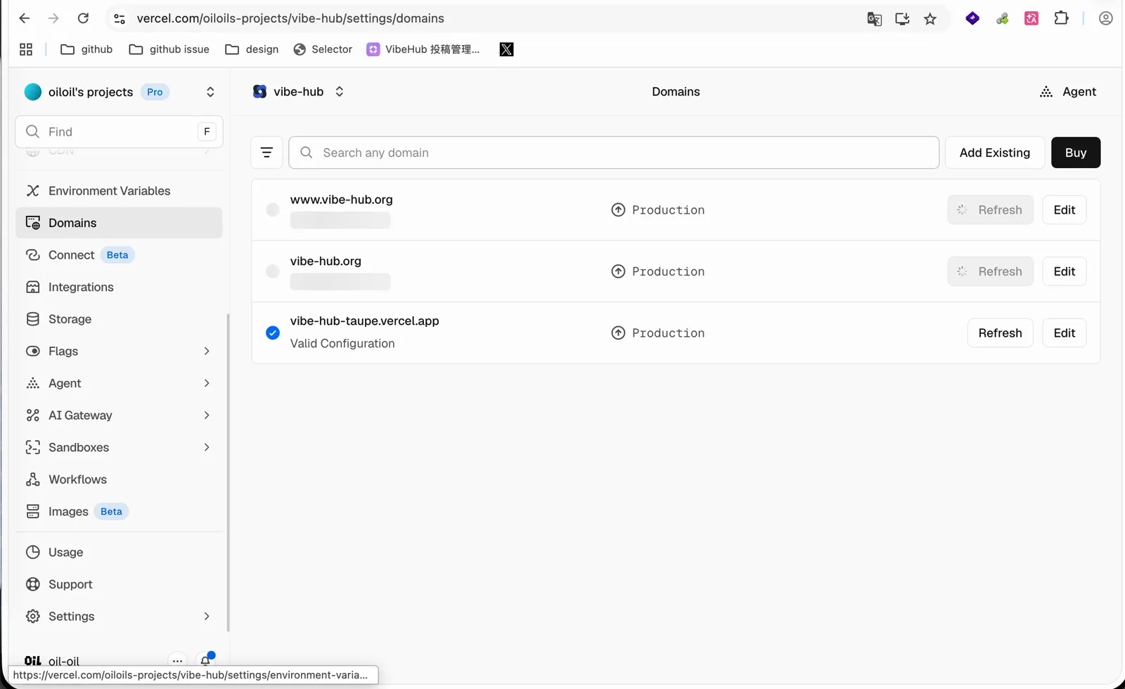 Vercel 的 Domains 配置页面