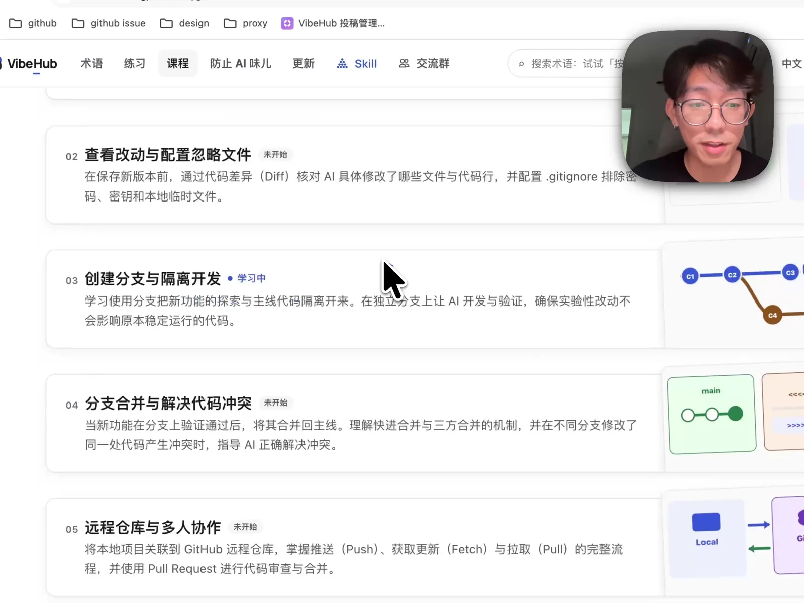 VibeHub《Git 工作流与版本管理》课程章节列表与图解预览