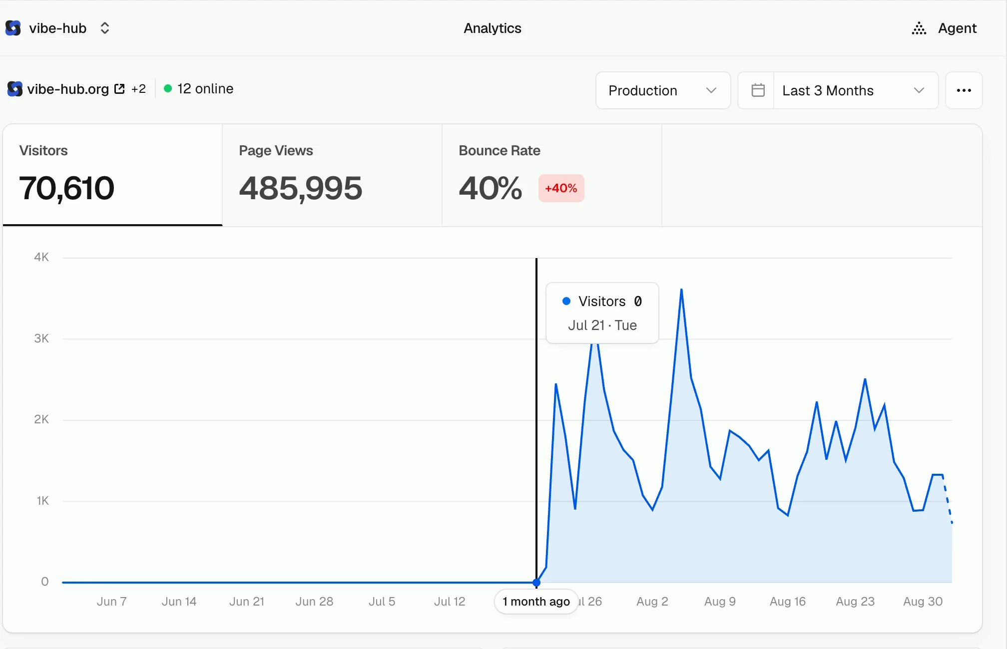 VibeHub 分析页中的访客数据和持续流量曲线