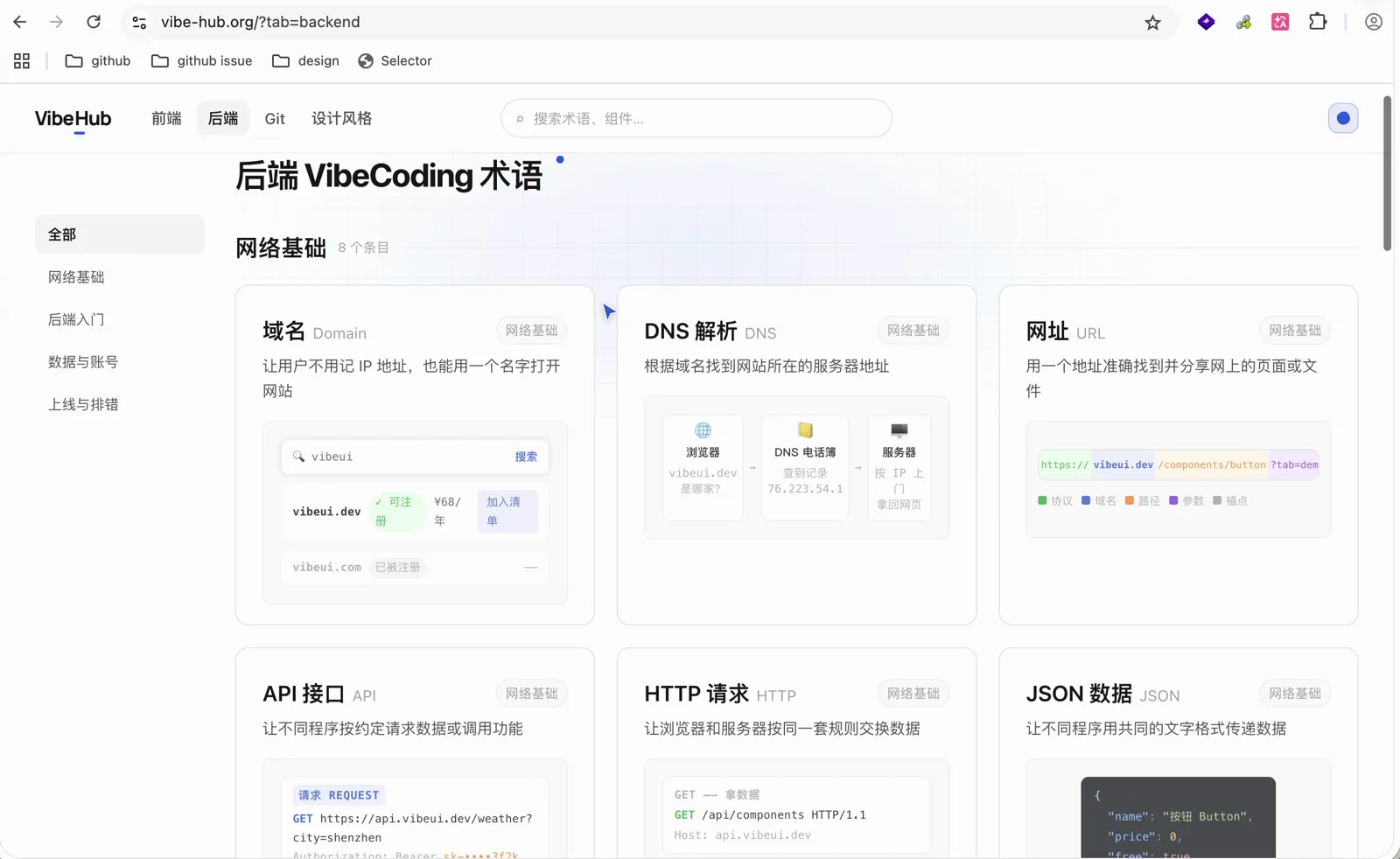 后端术语列表，包含域名、DNS 解析、网址、API 接口等条目