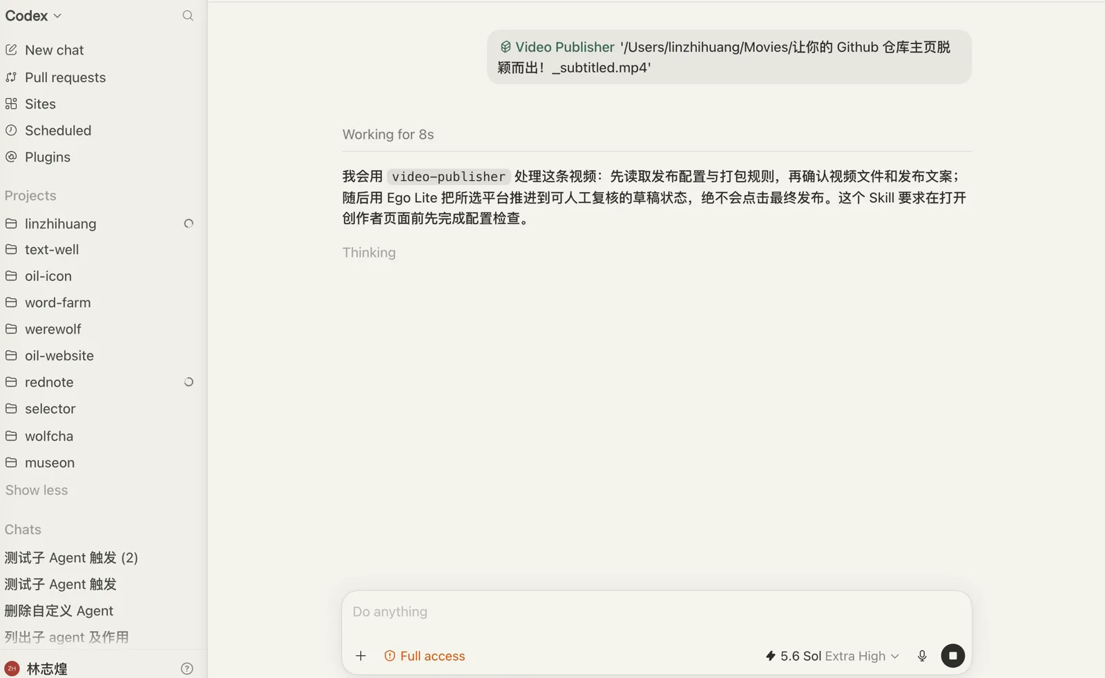Codex 确认用 video-publisher 处理视频